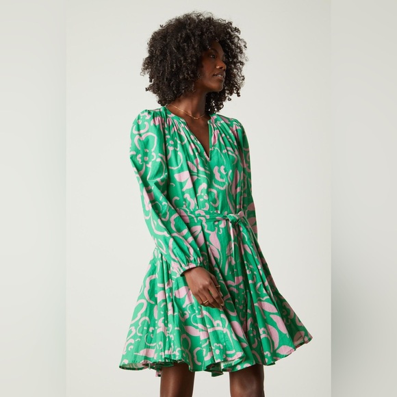 $325 VELVET Kiki‎ Printed Cotton Dress green pink RHODE Ella swing belted mini - Picture 3 of 9